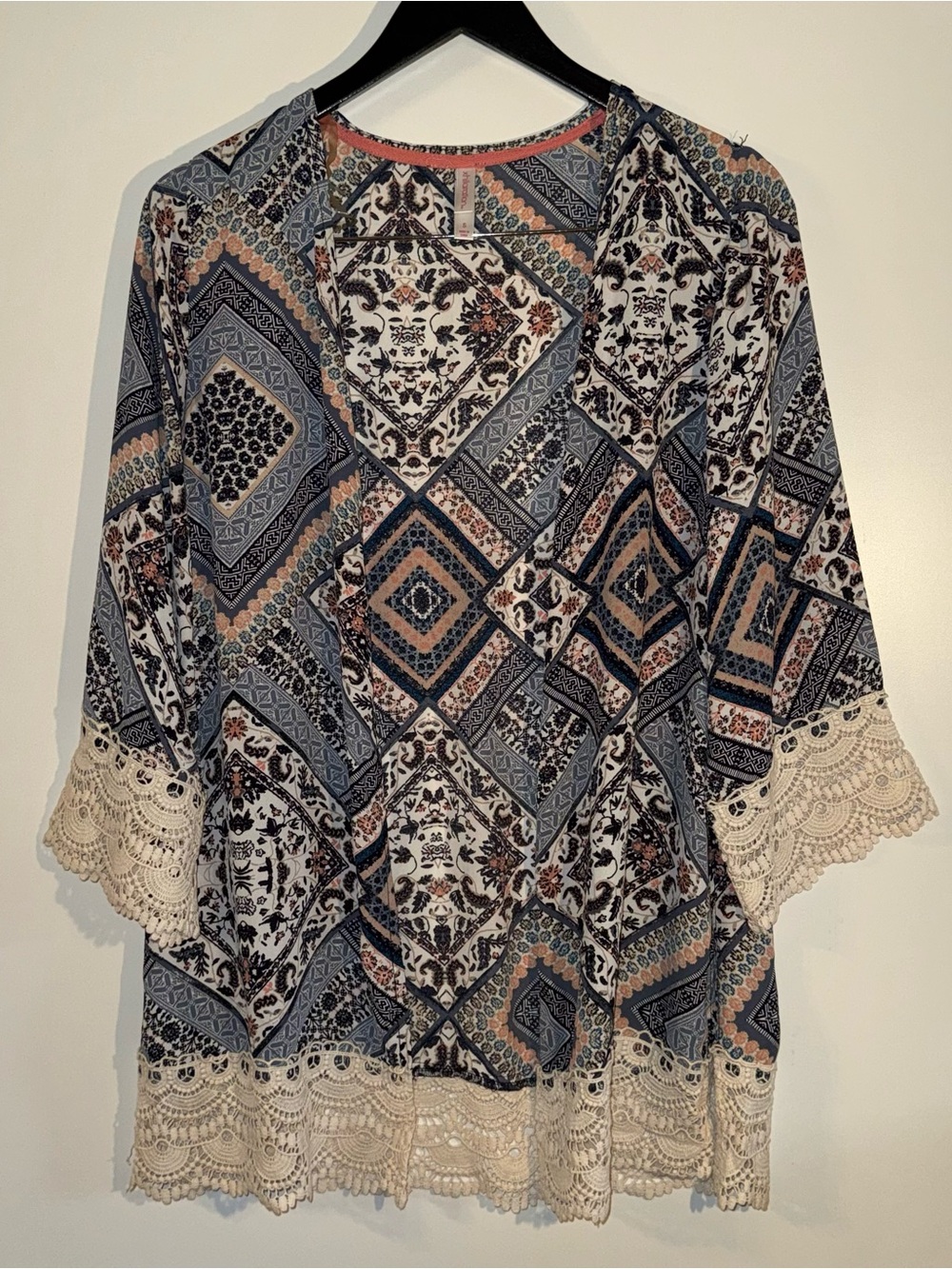 Xhilaration Blue & Cream Boho Patchwork Lace-Trim Kimono